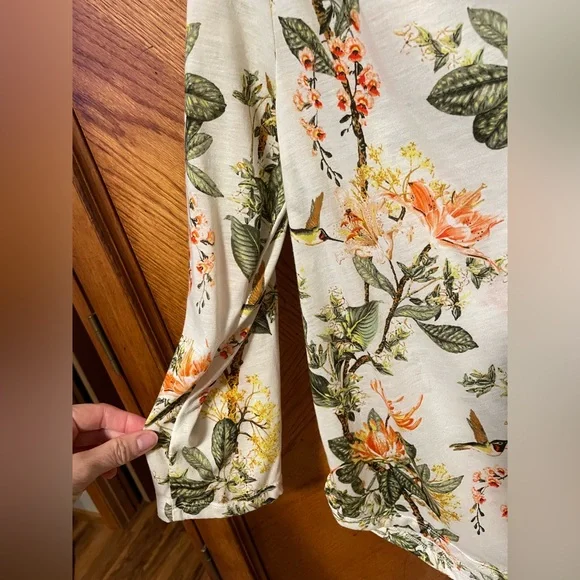 H&M Floral Sheer Blouse Tunic Top bird hummingbird cream green orange yellow - Picture 3 of 12
